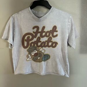 Mr. Potato Head cropped tee - gray wash raw hem factory faded